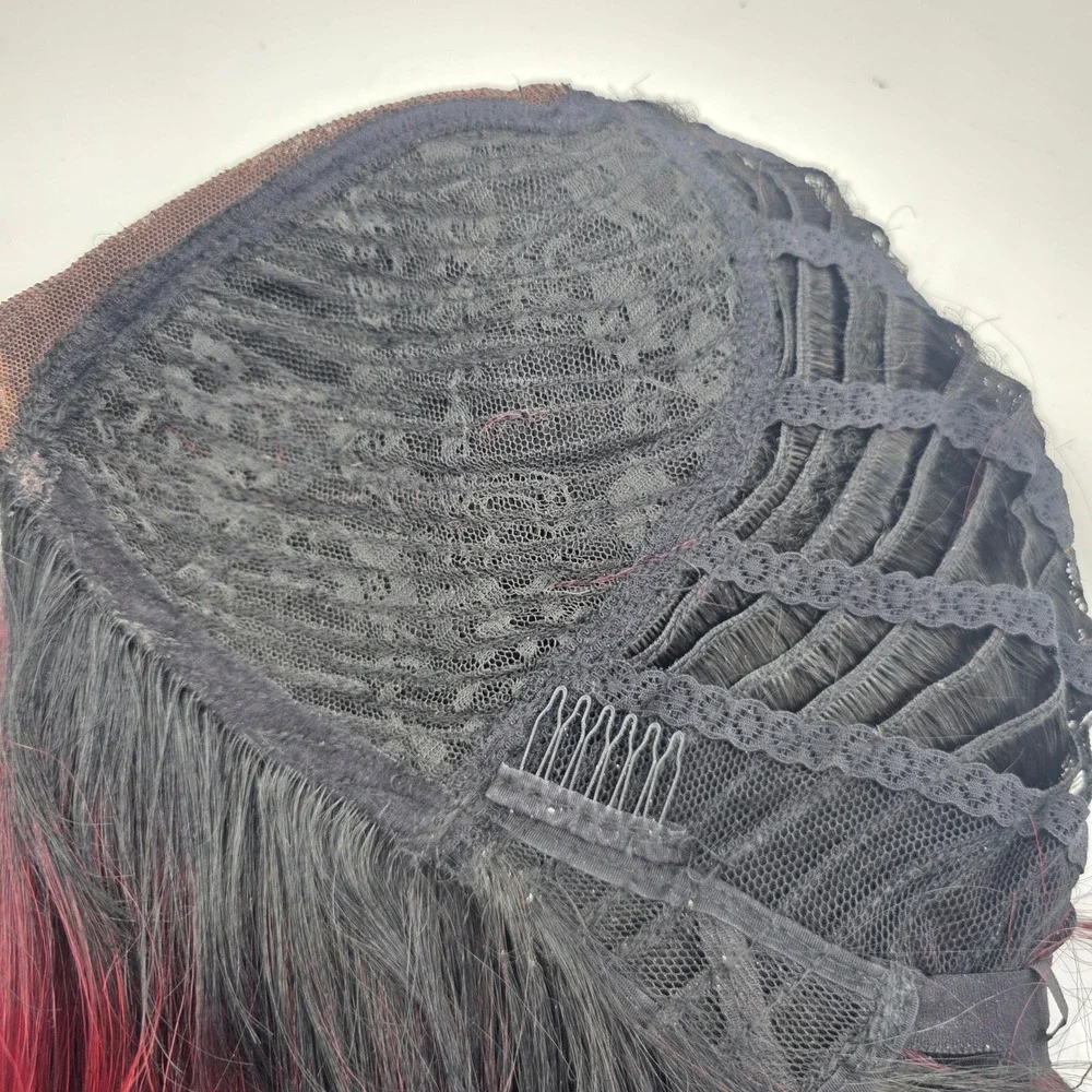 Short Burgundy Red Ombre Bob Wig Lace Front Black Roots Straight Synthetic Hair